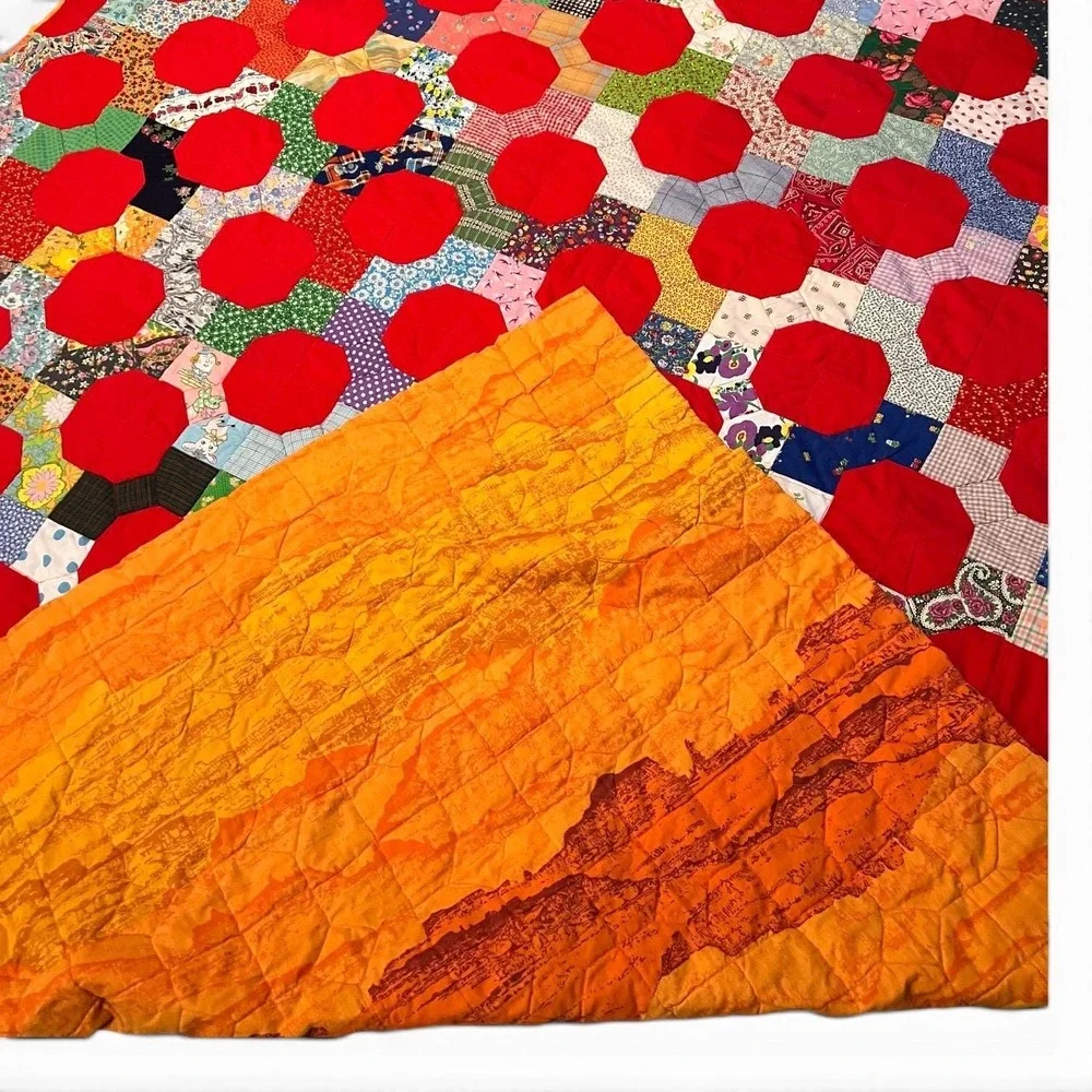 VTG Handmade Appliqué Quilt Full Queen 83x95 Red Circle Patchwork Scrap Quilt